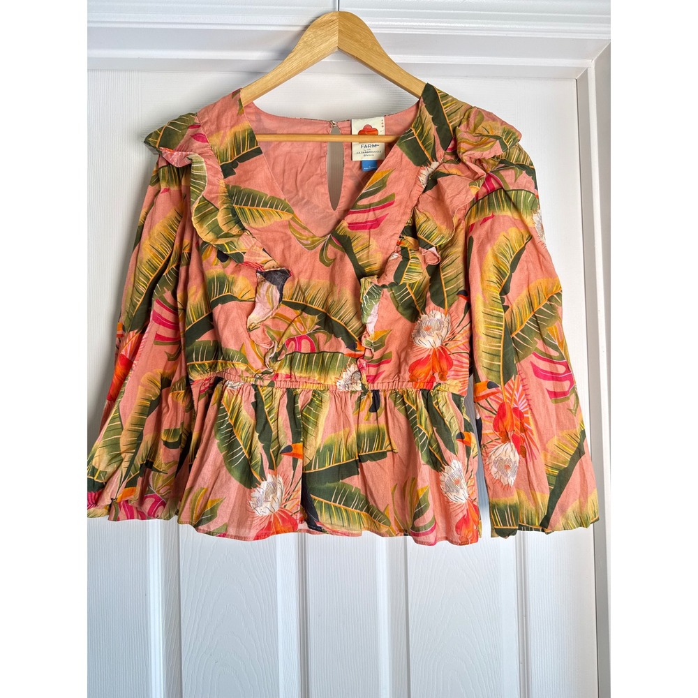 Farm Rio Anthropologie Blouse Womens Small Pink Tropical Toucan Ruffle Peplum